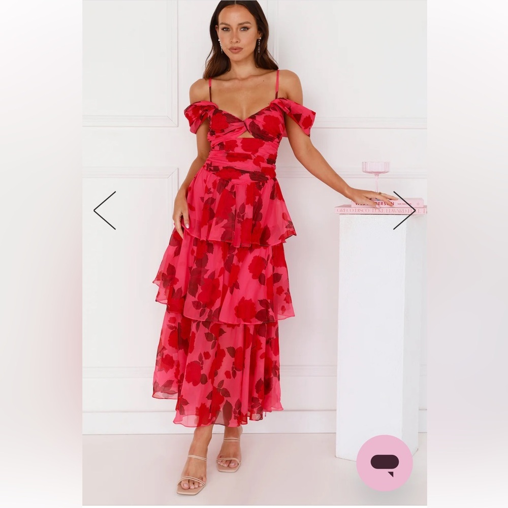 Hello Molly Whimsical Wonders Off Shoulder Midi Dress Red Pink Ruffles Wedding